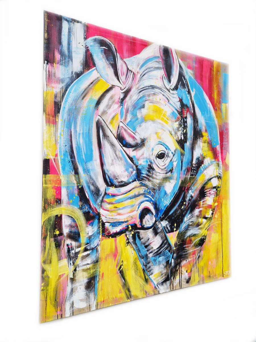 Expressive Animal Acrylic Painting By Stefanie Rogge, 39 X 47", Rhino #6 - Red List, Original Artwork