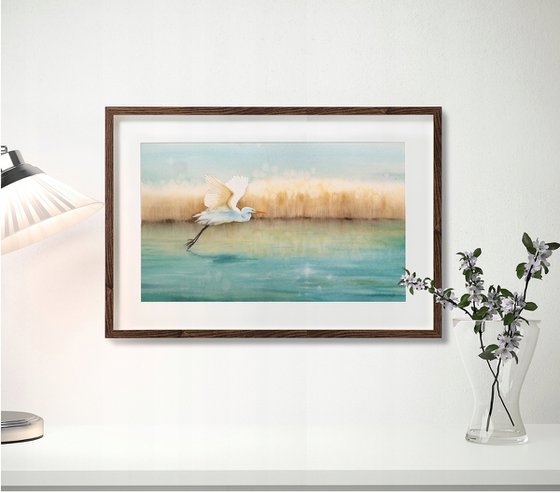 Serenity -  lake -  flying egret - white egret - original watercolor landscape