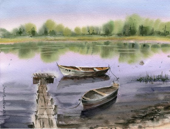 Let's fish original watercolor painting medium size with river and boats in violet colors