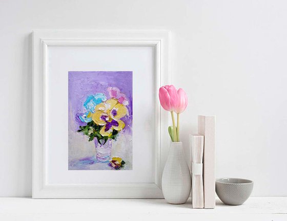 The bouquet of pansies, Bouquet of Violets Painting Original Art Small Flower Artwork Floral Wall Art