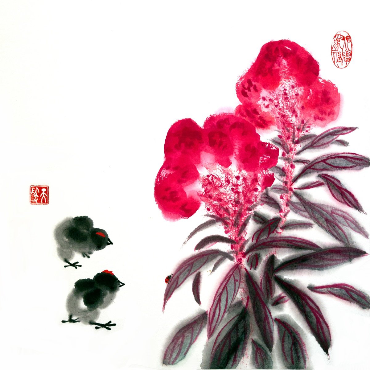 Impressionistic Animal Ink Drawing By Ilana Shechter, 14 X 14, Celosia, Chicks And A Ladybug, Original Artwork