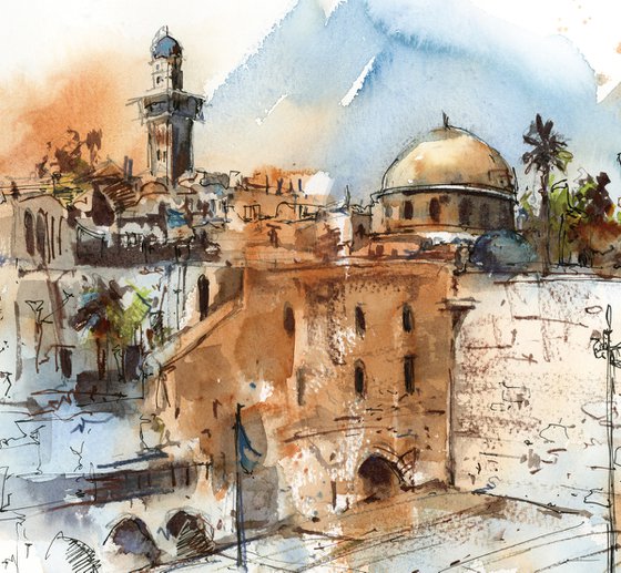 Jerusalem, Wailing Wall - Architecture Sketch Mixed Media