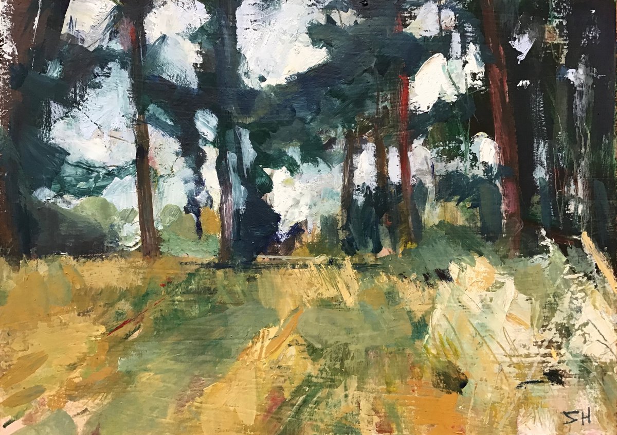 Abstract Landscape Oil Painting By Sandra Haney, 11 X 8", Pine Trees, Original Artwork