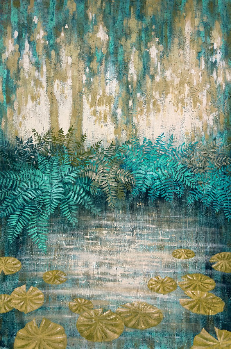 Illustrative Landscape Acrylic Painting By Ekaterina Prisich, 35 X 55, Mysterious Water Lily Pond, Original Artwork