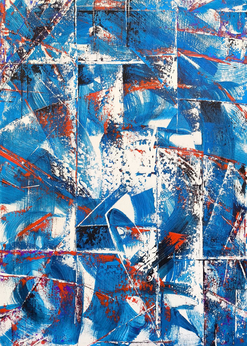 Abstract Oil Painting By Ruben Ghulyan, 20 X 28", Momentum In Blue, Original Artwork