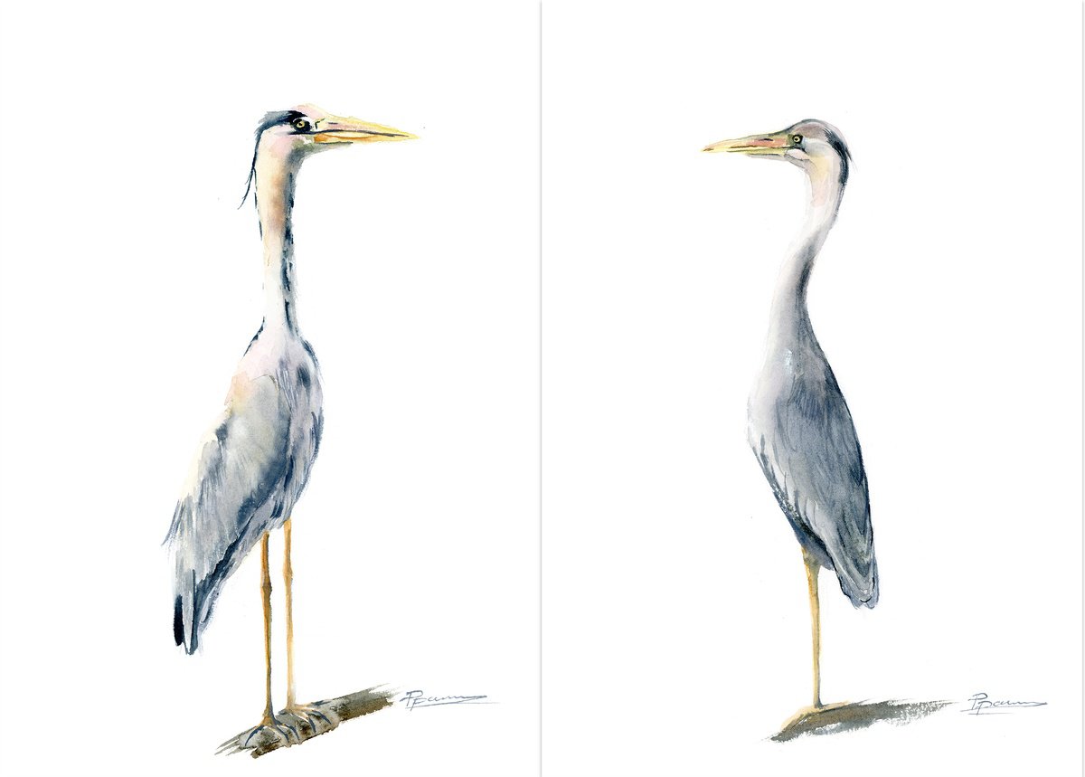 Expressive Portrait Watercolour By Olga Tchefranov (Shefranov), 22 X 15", Lonely Heron Set Of 2, Original Artwork