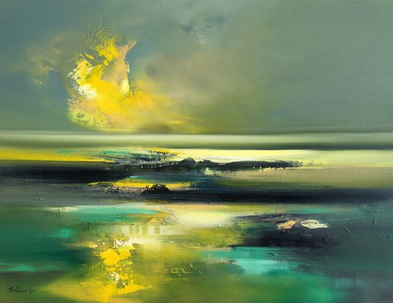 Awakening - 70 x 90 cm abstract landscape oil painting in gray and yellow