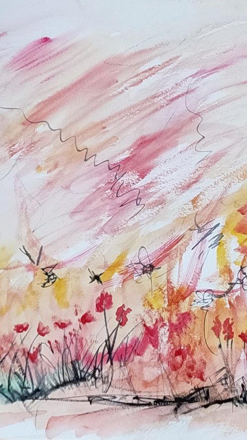 Fleurs rouges en fête - Watercolour by ÂME SAUVAGE