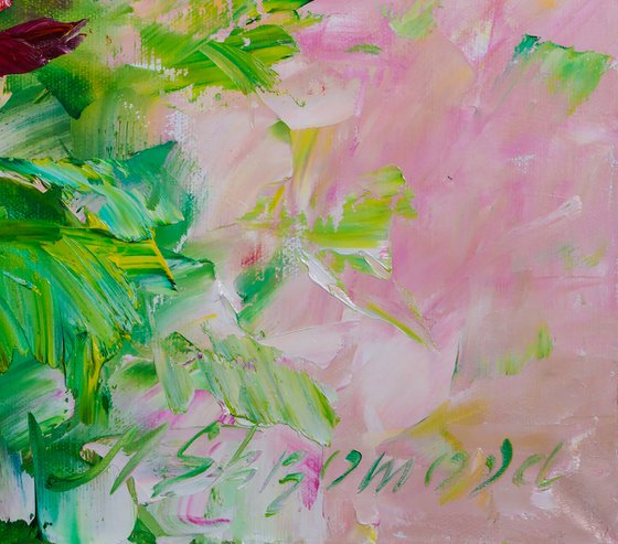 BRIGHT PEONIES - Summer day. Pink peonies. Lush buds. Abstract technique. Expressive landscape. Smile. Dawn.