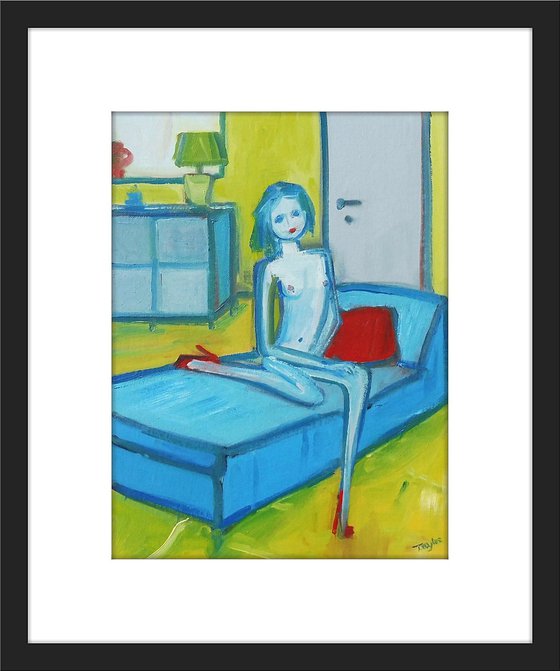 NUDE CUTE GIRL BLUE BED. Original Female Figurative Oil Painting. Varnished.