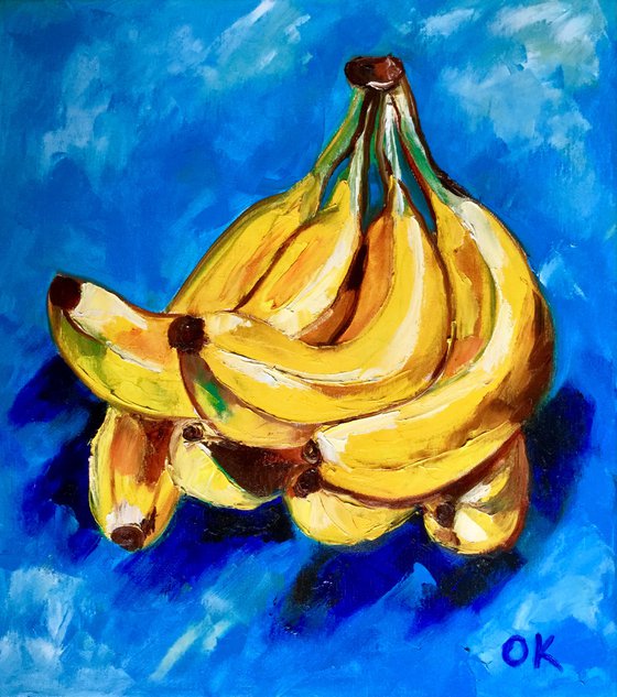 Bananas on  turquoise  Still life. Palette knife painting on linen canvas