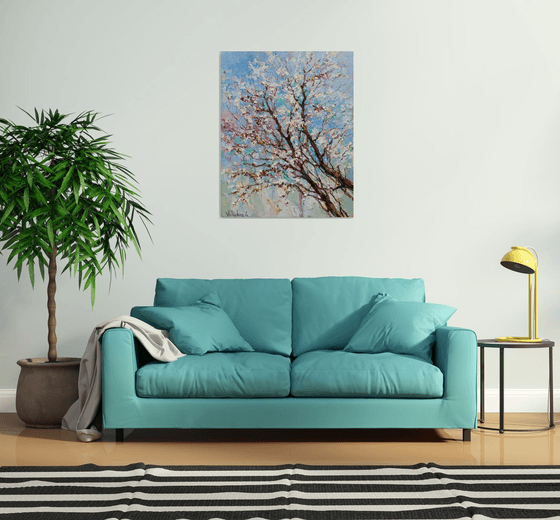 Flowering apricot tree Original oil painting