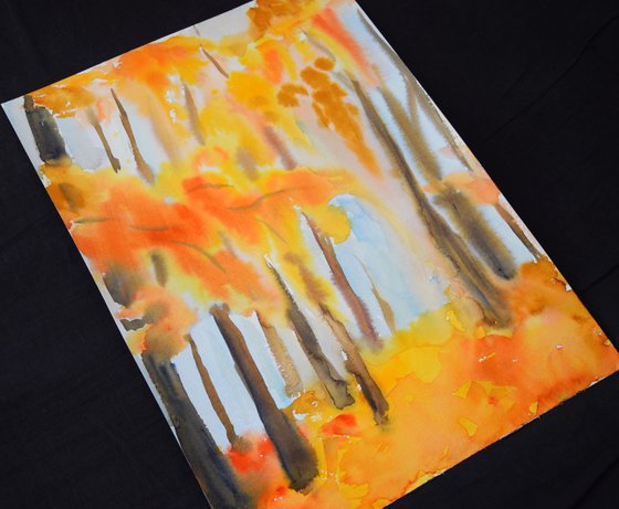 Watercolor painting Golden autumn forest