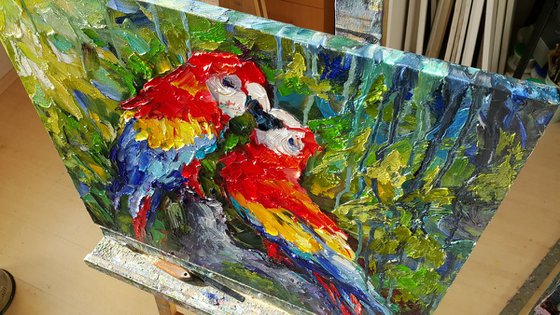 Painting oil " Couple of lovers - Parrots " impasto original artwork
