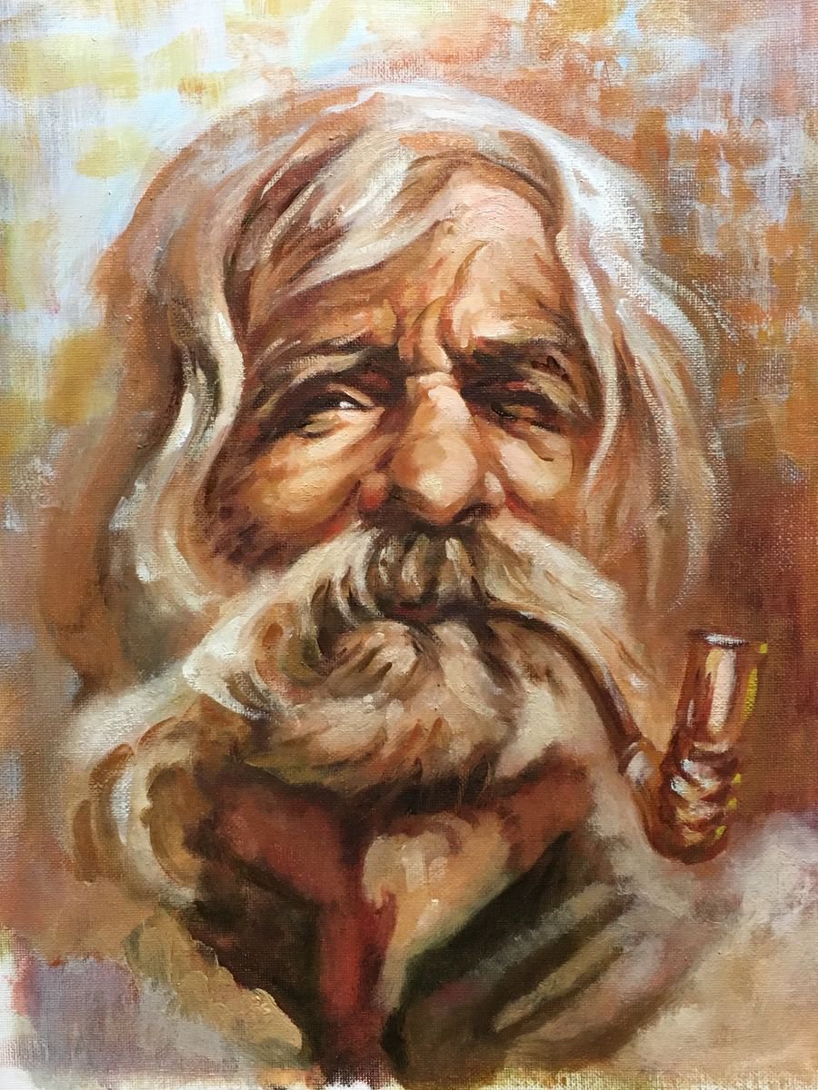 Expressive Portrait Oil Painting By Yuriy Ivashkevych, 12 X 16", Old Hutsul, Original Artwork