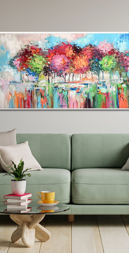 Forest Energy - Original Abstract Tree Painting, Colorful Trees Painting, Large Original Nature Landscape Modern Texture Painting Boho Wall Art Living Room Decor - Size: 48 x 24 inches (120 x 60 cm) by Lana Guise