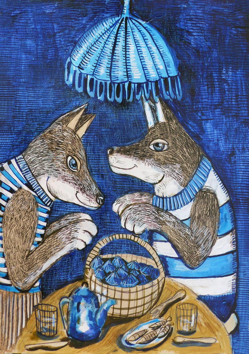 Surrealistic Animal Painting By Elizabeth Vlasova, 12 X 17, Mushroom Lovers, Original Artwork