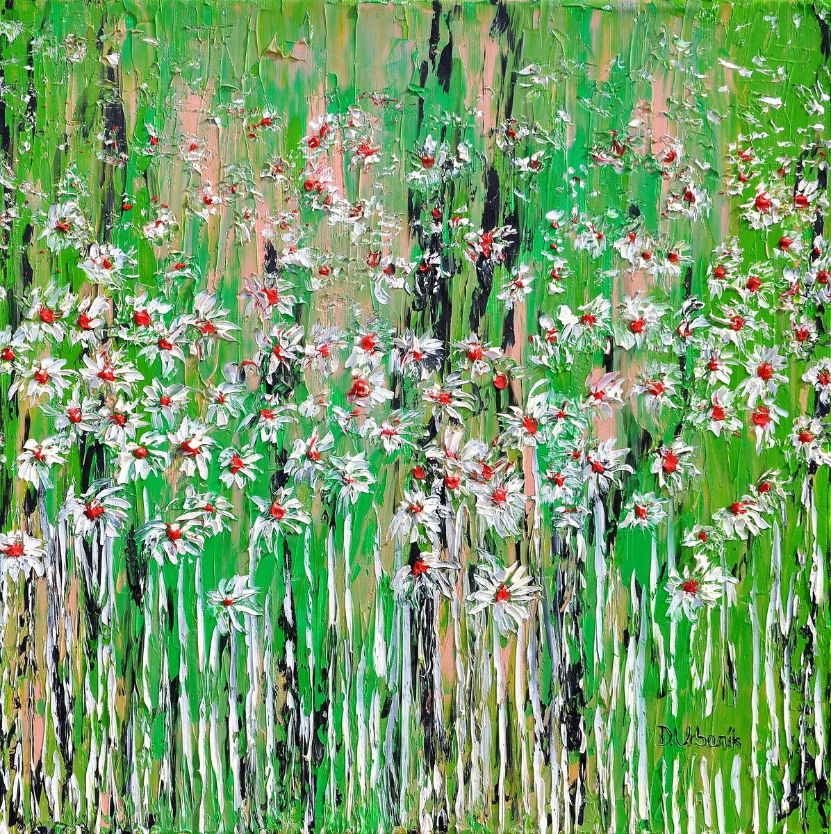 Impressionistic Botanical Oil Painting By Daniel Urbani?k, 16 X 16, Daisies In The Grass, Original Artwork