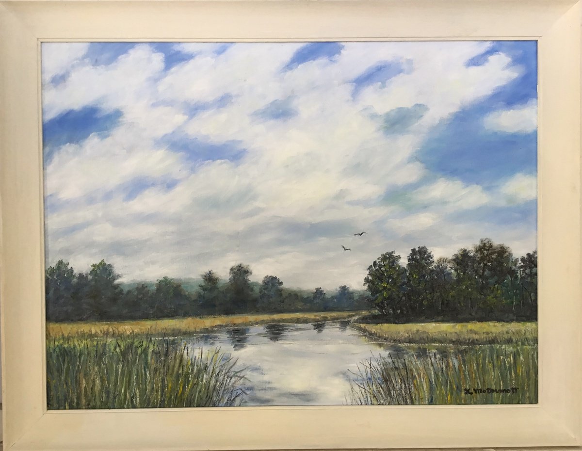 Impressionistic Landscape Oil Painting By Kathleen Mcdermott, 27 X 21", Carolina Blues, Original Artwork