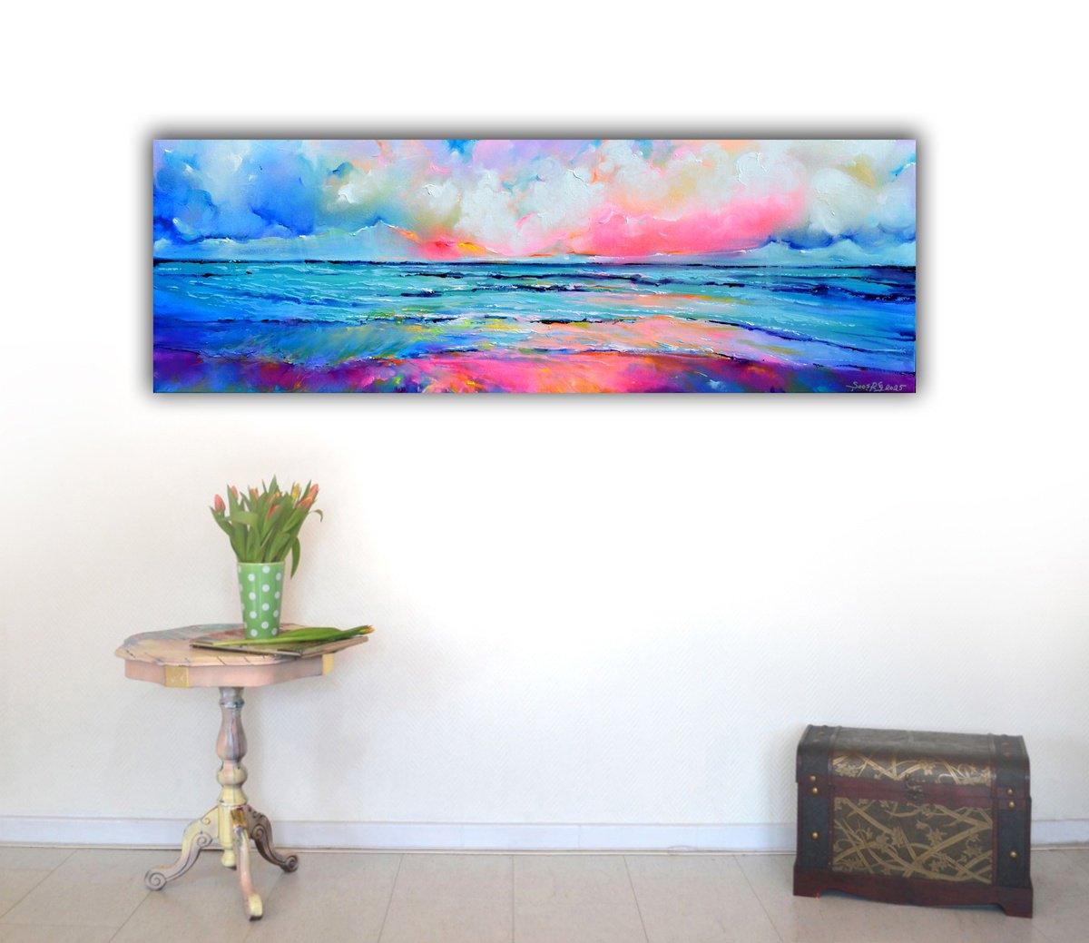 Impressionistic Landscape Acrylic Painting By Soos Roxana Gabriela, 47 X 16", Seascape - New Horizon 189, Original Artwork