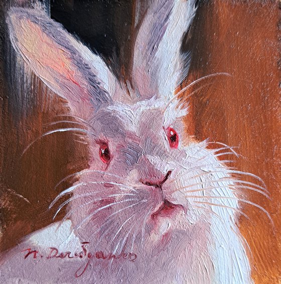 White rabbit painting original oil picture framed 4x4, Small framed art red rabbit custom portrait