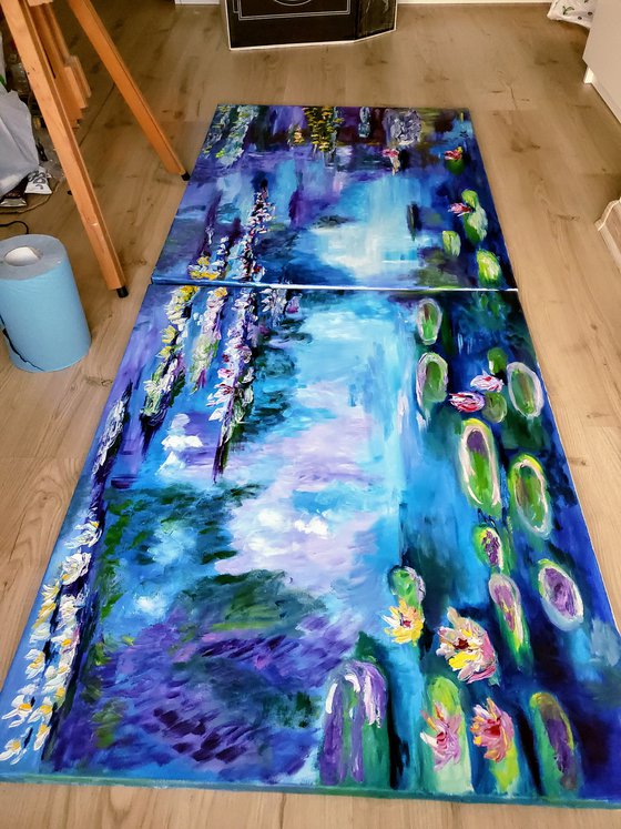 Water Lilies  184 x 76 x 2 cm inspired by Claude Monet  water reflections, diptych turquoise  purple, turquoise, blue sky