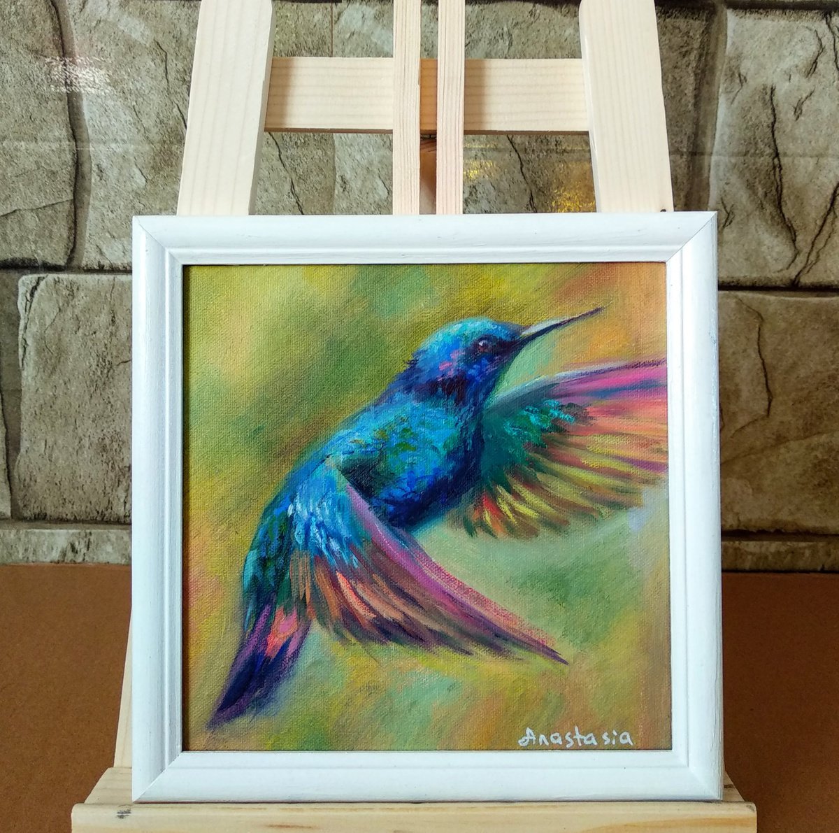 Hummingbird Framed and Ready to Hang Painting of Birds Animal Art Wildlife Nature by Anastasia Art Line