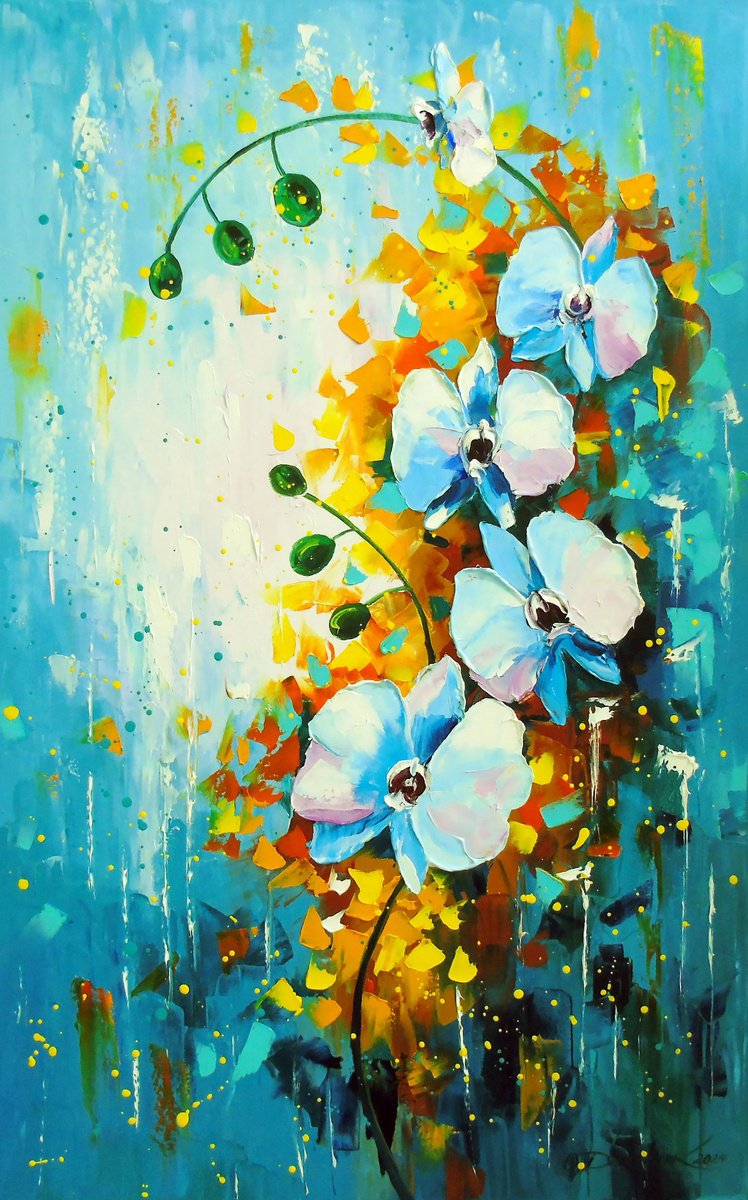 Impressionistic Botanical Oil Painting By Olha Darchuk, 20 X 31", Orchid White And Blue, Original Artwork