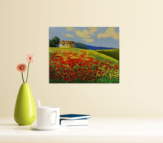 Tuscan landscape! Red poppy and sunflowers field! Ready to hang