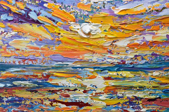 Lavender sky - Original Sunset Painting on Canvas, Heavy impasto seascape artwork