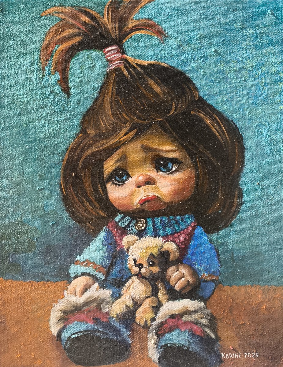 Impressionistic Portrait Oil Painting By Karine Harutyunyan, 9 X 12", The Comfort Of Teddy, Original Artwork
