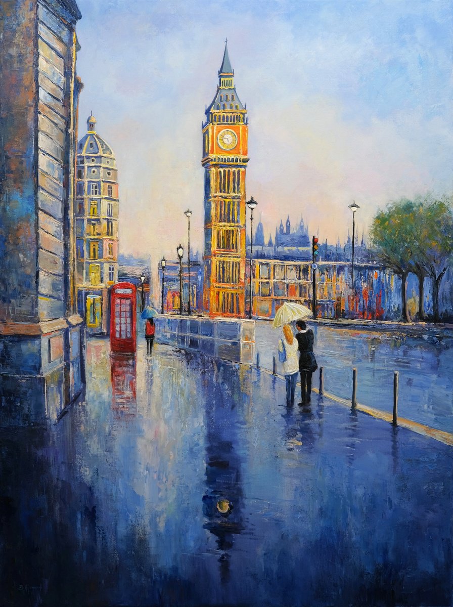 Impressionistic Cityscapes Acrylic Painting By Behshad Arjomandi, 35 X 47, Rainy London, Original Artwork