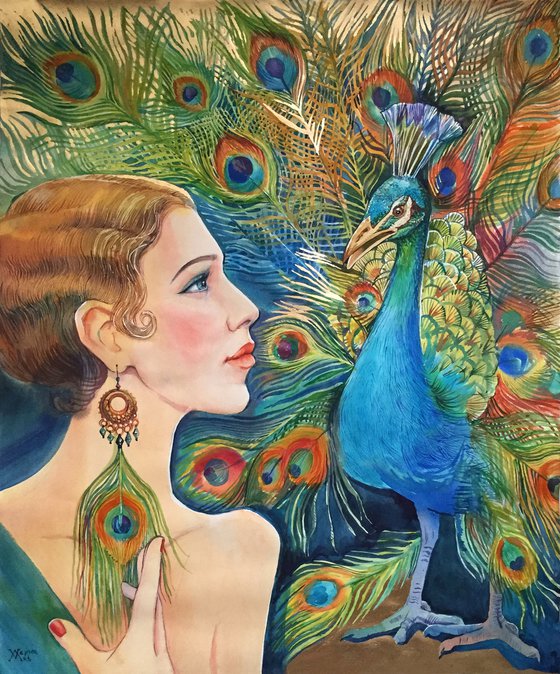 Girl with peacock. Art Deco woman portrait. Interior portrait