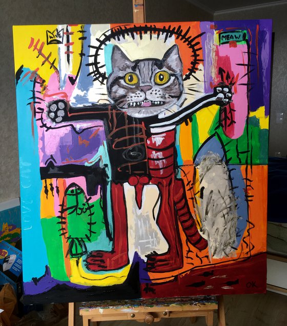 Red Cat Troy King, (102 x 91cm, 40 x 36 inches ) version of painting by Jean-Michel Basquiat  Untitled GLOW IN THE  DARK