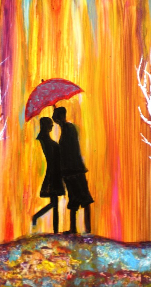 Romance in the Rain vibrant colorful romantic painting on sale by Manjiri Kanvinde