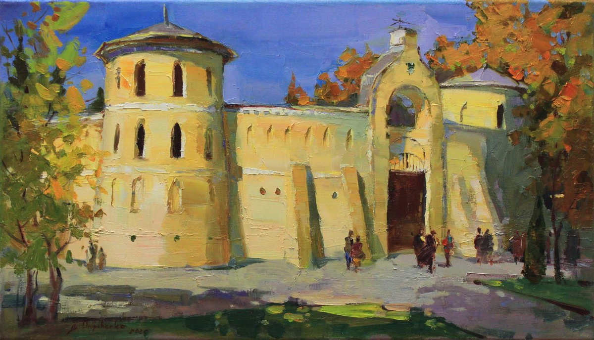 Impressionistic Cityscapes Oil Painting By Alisa Onipchenko-Cherniakovska, 28 X 16, Landscape With Round Courtyard Of Old Castle, Artfinder