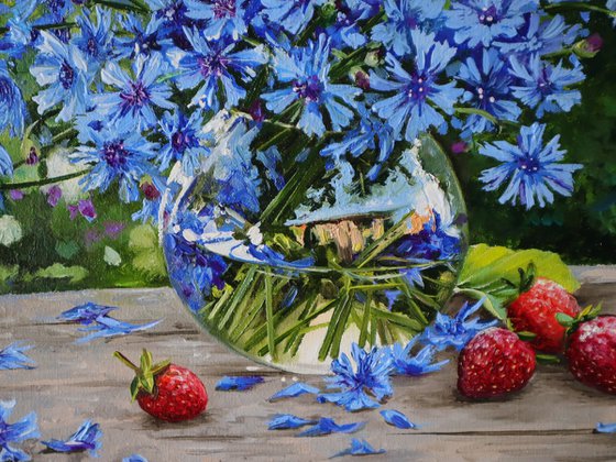 Sunlit Blue Cornflowers with Strawberries