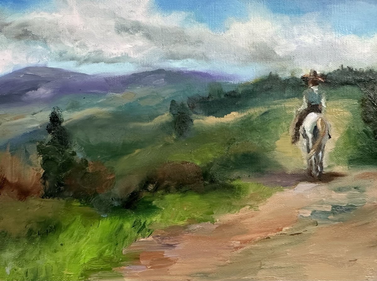 Impressionistic Landscape Oil Painting By Grace Diehl, 8 X 6, Lone Cowboy, Original Artwork