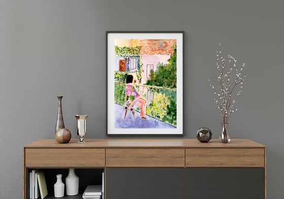 Woman Painting Paris Morning Original Art Lady Small Watercolor Coffee Time Artwork Home Wall Art 12 by 17" by Halyna Kirichenko