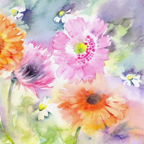 Pink and orange gerberas, original watercolour painting by Anjana Cawdell