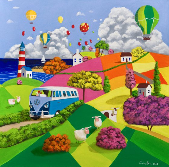 VW Camper Van, sheep and cow Naive art landscape