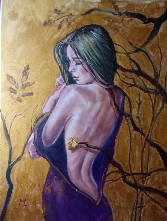 " THE GOLDEN AUTUMN " GIRL GOLD OIL original painting GIFT MODERN URBAN ART OFFICE ART DECOR HOME DECOR GIFT IDEA