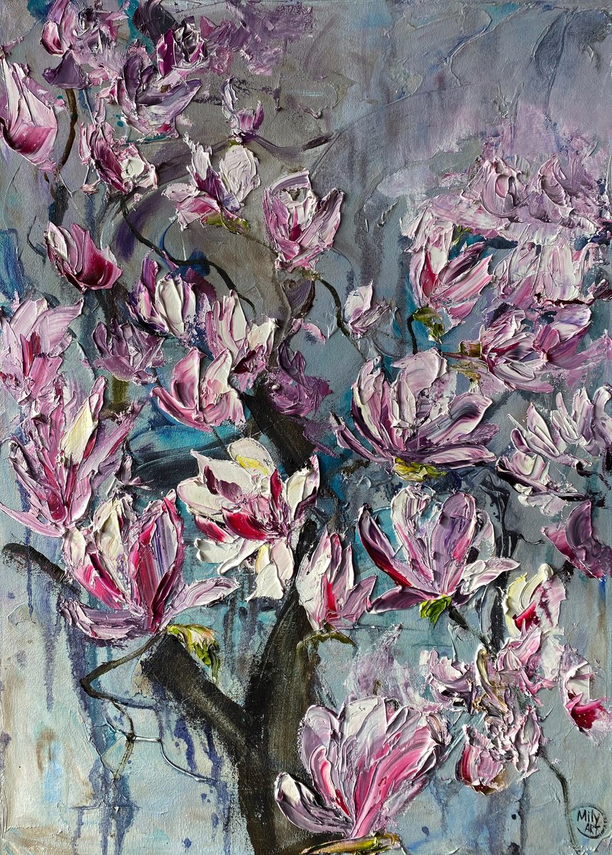 Impressionistic Botanical Oil Painting By Mily Art, 20 X 28", Magnolia Tree Oil Art, Original Artwork