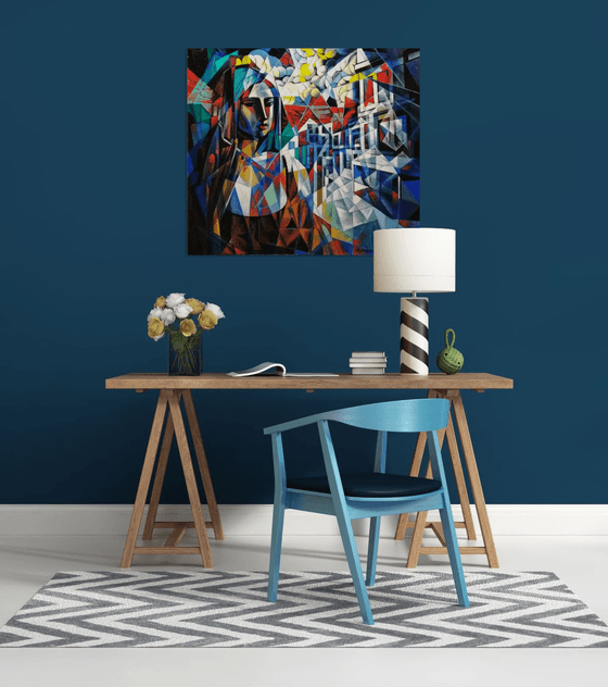 Waiting (90x80cm, cubism, oil painting, ready to hang)