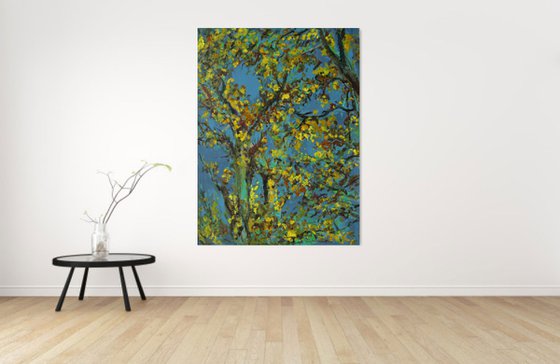 AUTUMN RHAPSODY. RELICT FOREST IN SAMUR - XXL large original painting, oil on canvas,  plants trees, blue yellow, ecology, love, landscape, impressionism,  interior art