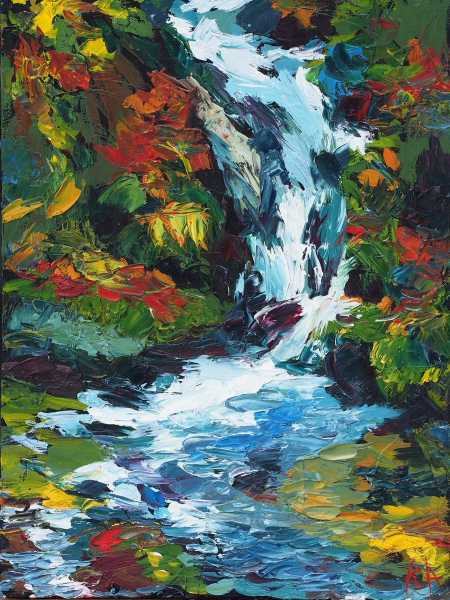 Impressionistic Landscape Oil Painting By Alfia Koral, 12 X 16, Autumn Stream, Original Artwork