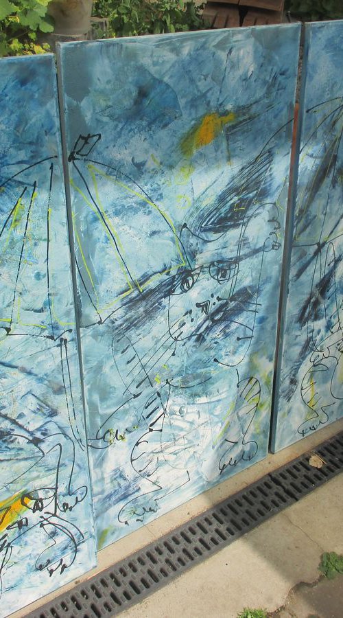 blue cats party xl Oilpainting  3 parts 79  x 47 inch by Sonja Zeltner-Müller