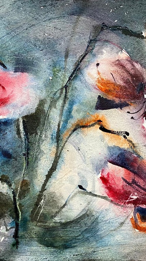 Orange and pink flowers 2 - floral watercolor on board by Anna Boginskaia