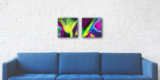 "His And Hers" - FREE USA SHIPPING + Save As A Series - Original PMS Abstract Diptych Fluid Acrylic Paintings On Canvas - 24" x 12"