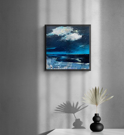 Minimalistic small landscape - "Night moon sky" - Minimalism - Expressionist seascape - 2022 by Yaroslav Yasenev